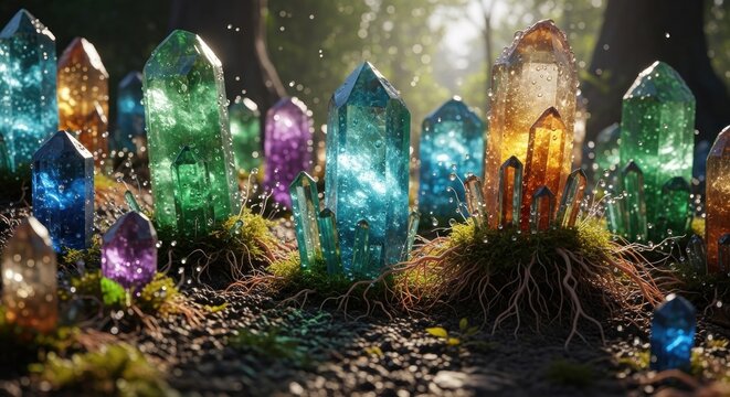 A magical forest with glowing crystal pillars, surrounded by moss and ferns, with a magical aura and a golden sun in the background.