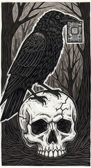 Fototapeta premium Stylized depiction of a dark bird perched atop a cracked human skull holding a small electronic component