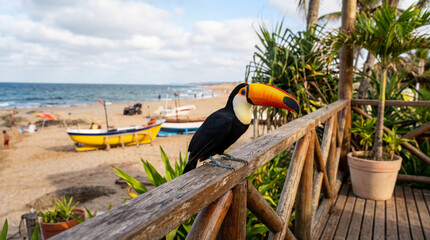 Fototapeta premium Toucan Bird Perched on Wooden Railing Overlooking Tropical Beach with Boats