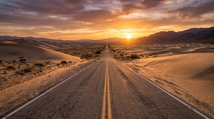 Sunset on desert highway with sand dunes and mountains