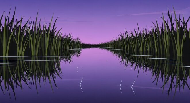 Tall reeds line a narrow channel of still water beneath a vibrant twilight sky