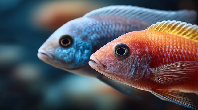 Two cichlid fish swim side by side