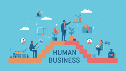 Naklejka premium Human side of business concept illustration showcasing people interacting with business elements in a stylized environment from an elevated viewpoint