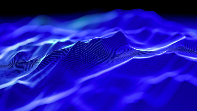 Abstract digital ocean of light waves, deep blue and cyan hues, futuristic fluid data stream simulation
