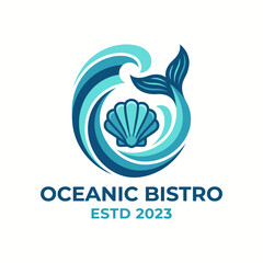 Obraz premium The Oceanic Bistro logo beautifully integrates ocean waves and a shell, capturing a maritime theme with an elegant and fresh style, perfect for a seafood dining experience.