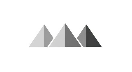 Fototapeta premium Three geometric pyramid shapes display varying shades of gray against a white background.