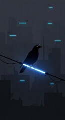 Fototapeta premium Silhouetted corvid perches upon a glowing neon tube against a dark metropolitan skyline