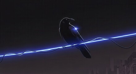 Fototapeta premium Silhouette of a dark bird perched upon an energized glowing cable against a dim cityscape backdrop