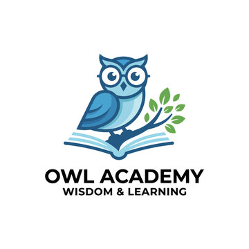 A charming logo featuring a wise owl perched on an open book, symbolizing knowledge and learning, perfect for educational institutions or online learning platforms.