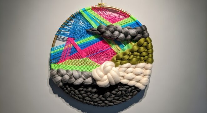 Circular fiber art installation showcases vibrant neon colors contrasted with thick chunky yarn textures.