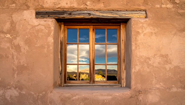 Window in an old building with reflection of landscape