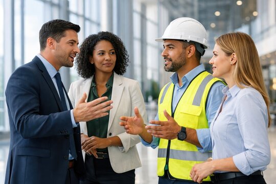 Diverse business professionals and construction worker discussing project in modern office building, showcasing teamwork and collaboration in a corporate environment.