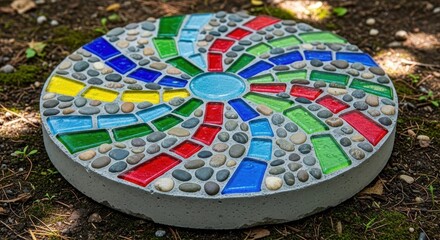Obraz premium Round garden stepping stone decorated with a colorful mosaic pattern embedded in concrete.