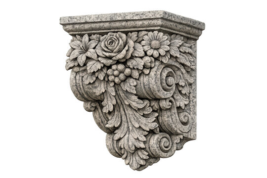 Ornate carved stone corbel with classical acanthus leaves, roses, flowers and grapes, transparent background