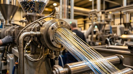 Obraz premium Recycled Plastic Pellets Melting Extrusion Filament Strands Automated Machinery Golden Lighting Macro Stock Photo Sustainable 3D Printing