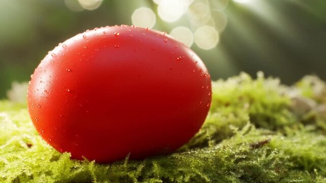 An extreme close-up of a single red easter egg on dewy moss with sun rays filtering through foliage concept of magical easter discovery in nature