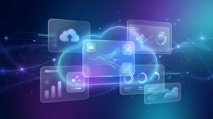 Futuristic cloud computing interface with data analytics dashboards digital network and technology visualization concept
