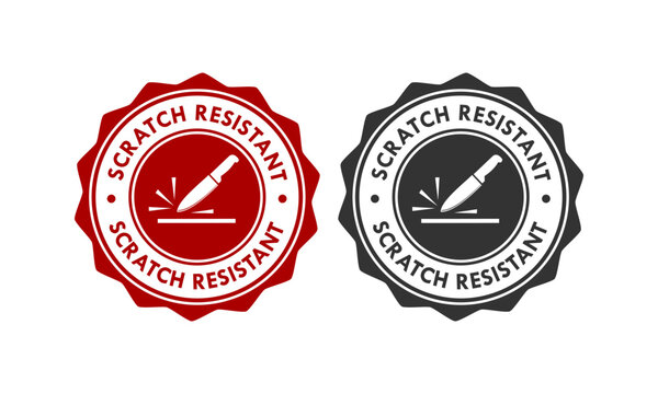 Set of scratch resistant logo icons featuring a knife and surface. Round vector badge for durable materials, product protection, and anti-scratch coating labels.