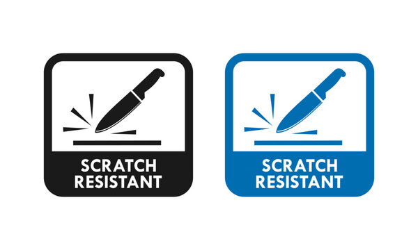 Set of scratch resistant logo icons featuring a knife and surface. Round vector badge for durable materials, product protection, and anti-scratch coating labels.
