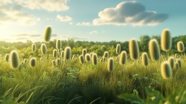 Lots of green foxtail grass is growing in the fields.
