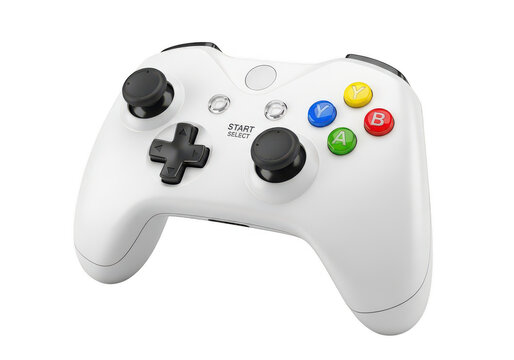 White xbox 360 controller with black and colorful buttons isolated on transparent background