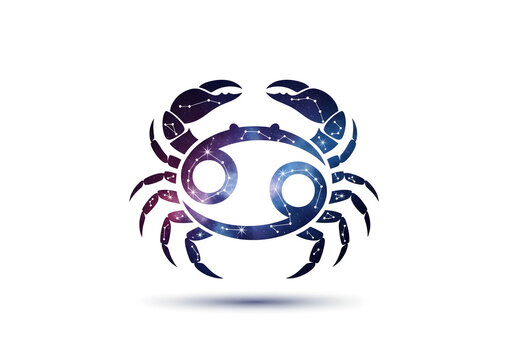 Vibrant Cancer zodiac symbol in shades of blue and purple, resembling a crab made of starry night sky, on a clean white background, perfect for astrology and spirituality themes.