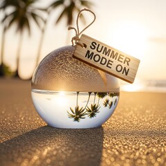 Glass sphere reflecting palm trees and sunset on a beach with 'Summer Mode On' tag