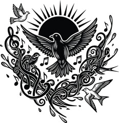 Europe Day bird silhouette doodle linocut style symbolizing freedom harmony minimal black line vector