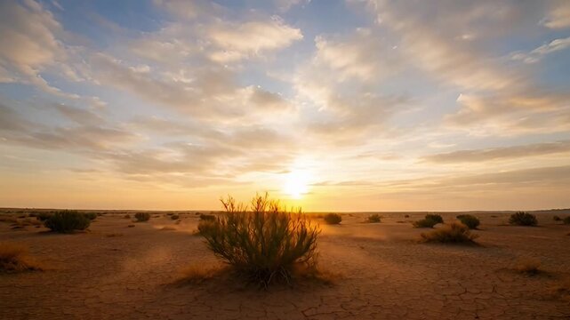 Desert landscape with setting sun and sparse vegetation under a cloudy sky