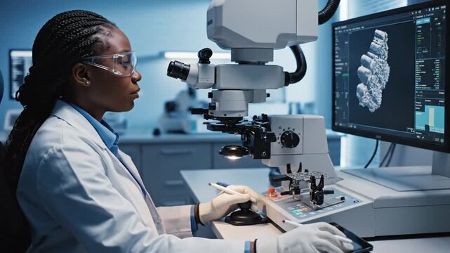 Scientist operating a high-precision microscope in a modern laboratory environment