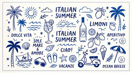 Fototapeta premium A vibrant Italian summer themed vector graphic illustration featuring various icons and phrases