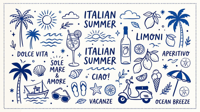 A vibrant Italian summer themed vector graphic illustration featuring various icons and phrases