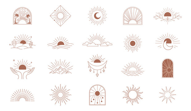 Boho sun and moon icon set, celestial line art symbols with sunrise, mystical sunburst and spiritual elements, minimalist bohemian vector collection for logos, tattoo, yoga and astrology design