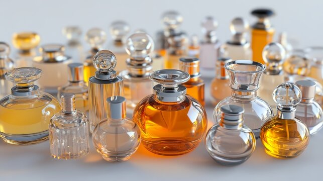 Small glass perfume bottles, some full, some empty, shown on a clear background.  A 3D illustration.
