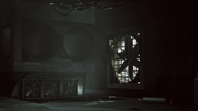 Dark machine room with illuminated vent and fan, backlit cooling blades, metal grilles, low fog hugging floor, reflective surfaces, tense industrial hum implied