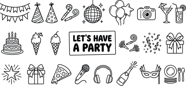 Black and white line drawing illustrations of various party objects and icons
