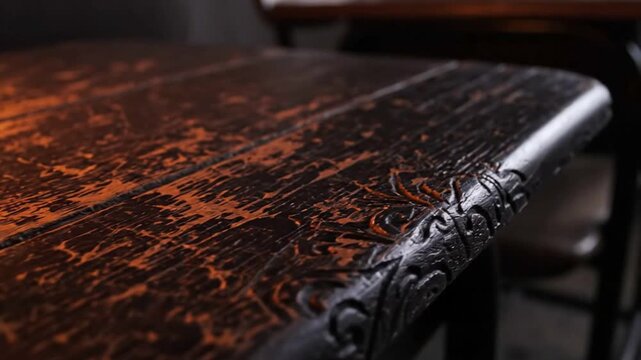 Vintage wooden table with intricate metalwork and ornate details.