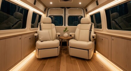 Luxurious interior detailing of a recreational vehicle showcases comfortable seating and warm illumination