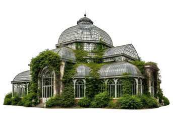A large, abandoned greenhouse with lush greenery covering its structure, isolated on transparent background
