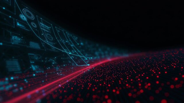 Neural network big data flow visualization binary code matrix machine learning abstract background quantum computing cyber dynamic glowing data stream with red particle grid and blue circuit wave