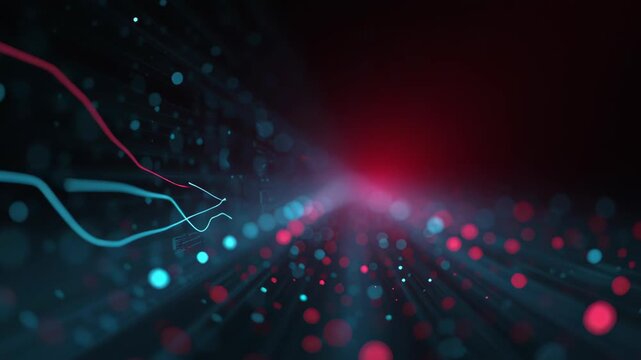 Neural network big data flow visualization binary code matrix machine learning abstract background quantum computing cyber creating luminous data tunnel of particles and interface panels evoking