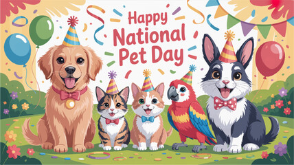 Obraz premium Vibrant pets celebrate national pet day with party hats and colorful decorations on green grass