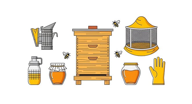 Illustrated bee-keeping tools including hive, jarred honey, protective gear, and flying bees