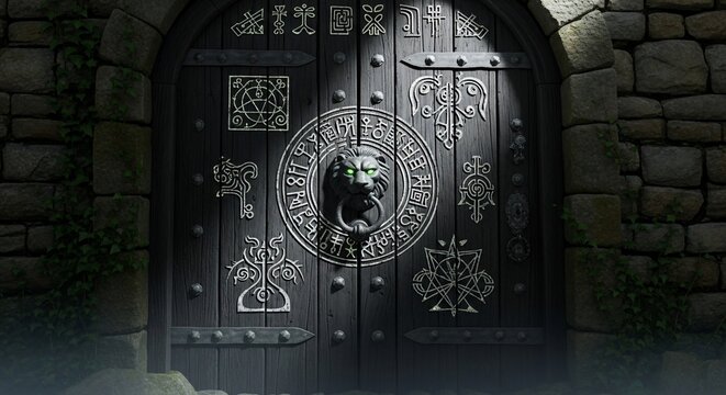 Ornate black door with lion knocker