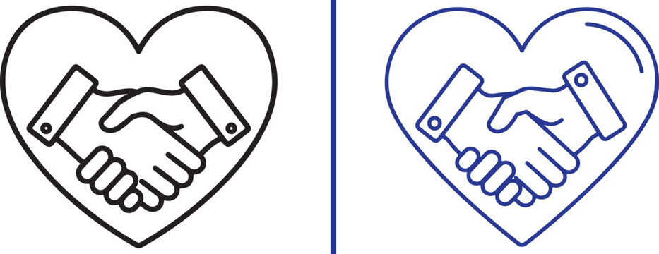 A collection of minimalist vector icons featuring handshakes integrated with heart shapes. The designs use various line weights and colors to symbolize trust, partnership, unity, and collaborative car