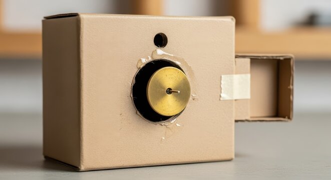 Homemade pinhole camera crafted from simple cardboard material sits on a surface