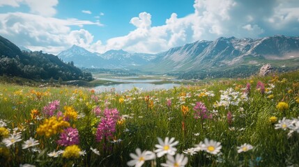 Obraz premium Colorful Wildflowers in a Scenic Mountain Landscape with Blue Sky and Clouds