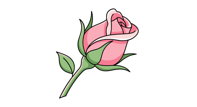 A beautiful pink rosebud with green leaves and stem, depicted in a simple, clean illustration style.
