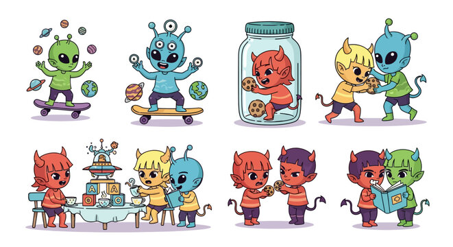 A collection of cute cartoon aliens and devils engaging in various playful and friendly activities, showcasing a whimsical and imaginative theme.