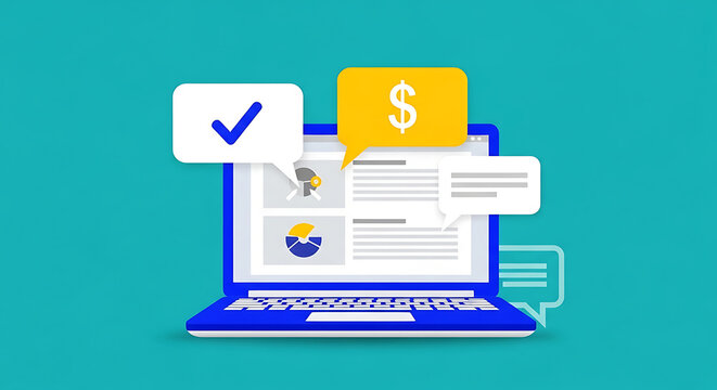 An illustrated laptop with financial documents and checkmarks on a teal background viewed from a slightly elevated perspective.